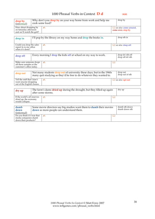 1000 Phrasal Verbs in Context D d                                 (4/4)

                   Why don’t you drop by on your way home from work and help me                 drop by
drop by
(informal)         cook some food?
How about dropping by         ✍                                                             see also: come around,
on Saturday afternoon                                                                      come over, stop by
and we’ll watch the golf?

                   I’ll pop by the library on my way home and drop the books in.                drop sth in
drop in

Could you drop the sales      ✍                                                             see also: drop off
report in to my office
when it’s done?

                   Every morning I drop the kids off at school on my way to work.               drop sb/sth off
drop off                                                                                        drop off sb/sth

Make sure someone drops       ✍                                                            
off these samples at the
customer’s office today.

                   Not many students drop out of university these days, but in the 1960s        drop out
drop out                                                                                        drop out of sth
                   many quit studying so they’d be free to do whatever they wanted to.
Tell the staff that I don’t   ✍                                                             see also: opt out
want anyone dropping
out of the English classes.

                   The farm’s dams dried up during the drought, but they filled up again        dry up
dry up
                   after some storms.
If the world’s oil reserves   ✍                                                            
dried up, the economy
would collapse.

dumb               Some movie directors say big studios want them to dumb their movies          dumb sth down
down               down so more people can understand them.                                     dumb down sth
(informal)
Do you think it’s true that   ✍                                                            
media companies dumb
down their products?




                                  1000 Phrasal Verbs In Context © Matt Errey 2007                                 38
                                    www.teflgames.com/phrasal_verbs.html
 