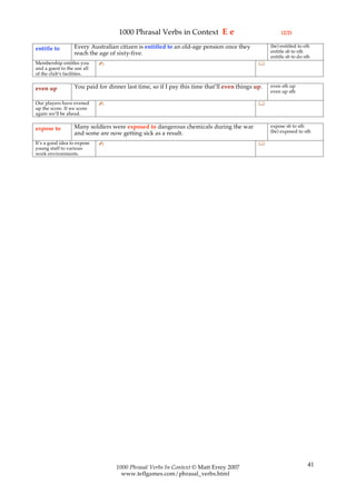 1000 Phrasal Verbs in Context E e                                 (2/2)

                  Every Australian citizen is entitled to an old-age pension once they           (be) entitled to sth
entitle to                                                                                       entitle sb to sth
                  reach the age of sixty-five.
                                                                                                 entitle sb to do sth
Membership entitles you      ✍                                                              
and a guest to the use all
of the club’s facilities.

                  You paid for dinner last time, so if I pay this time that’ll even things up.   even sth up
even up                                                                                          even up sth

Our players have evened      ✍                                                              
up the score. If we score
again we’ll be ahead.

                  Many soldiers were exposed to dangerous chemicals during the war               expose sb to sth
expose to                                                                                        (be) exposed to sth
                  and some are now getting sick as a result.
It’s a good idea to expose   ✍                                                              
young staff to various
work environments.




                                   1000 Phrasal Verbs In Context © Matt Errey 2007                                 41
                                     www.teflgames.com/phrasal_verbs.html
 