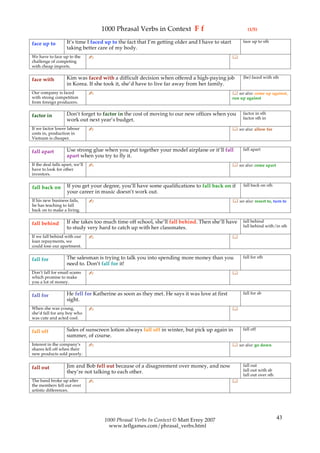 1000 Phrasal Verbs in Context F f                                    (1/5)

                    It’s time I faced up to the fact that I’m getting older and I have to start        face up to sth
face up to
                    taking better care of my body.
We have to face up to the        ✍                                                                
challenge of competing
with cheap imports.

                    Kim was faced with a difficult decision when offered a high-paying job             (be) faced with sth
face with
                    in Korea. If she took it, she’d have to live far away from her family.
Our company is faced             ✍                                                                 see also: come up against,
with strong competition                                                                           run up against
from foreign producers.

                    Don’t forget to factor in the cost of moving to our new offices when you           factor in sth
factor in                                                                                              factor sth in
                    work out next year’s budget.
If we factor lower labour        ✍                                                                 see also: allow for
costs in, production in
Vietnam is cheaper.

                    Use strong glue when you put together your model airplane or it’ll fall            fall apart
fall apart
                    apart when you try to fly it.
If the deal falls apart, we’ll   ✍                                                                 see also: come apart
have to look for other
investors.

                    If you get your degree, you’ll have some qualifications to fall back on if          fall back on sth
fall back on
                    your career in music doesn’t work out.
If his new business fails,       ✍                                                                 see also: resort to, turn to
he has teaching to fall
back on to make a living.

                    If she takes too much time off school, she’ll fall behind. Then she’ll have        fall behind
fall behind                                                                                            fall behind with/in sth
                    to study very hard to catch up with her classmates.
If we fall behind with our       ✍                                                                
loan repayments, we
could lose our apartment.

                    The salesman is trying to talk you into spending more money than you               fall for sth
fall for
                    need to. Don’t fall for it!
Don’t fall for email scams       ✍                                                                
which promise to make
you a lot of money.

                    He fell for Katherine as soon as they met. He says it was love at first            fall for sb
fall for
                    sight.
When she was young,              ✍                                                                
she’d fall for any boy who
was cute and acted cool.

                    Sales of sunscreen lotion always fall off in winter, but pick up again in          fall off
fall off
                    summer, of course.
Interest in the company’s        ✍                                                                 see also: go down
shares fell off when their
new products sold poorly.

                    Jim and Bob fell out because of a disagreement over money, and now                 fall out
fall out                                                                                               fall out with sb
                    they’re not talking to each other.
                                                                                                       fall out over sth
The band broke up after          ✍                                                                
the members fell out over
artistic differences.




                                      1000 Phrasal Verbs In Context © Matt Errey 2007                                      43
                                        www.teflgames.com/phrasal_verbs.html
 