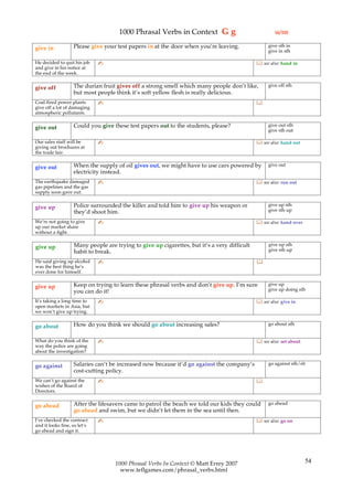 1000 Phrasal Verbs in Context G g                                (6/10)

                   Please give your test papers in at the door when you’re leaving.               give sth in
give in                                                                                           give in sth

He decided to quit his job    ✍                                                               see also: hand in
and give in his notice at
the end of the week.

                   The durian fruit gives off a strong smell which many people don’t like,        give off sth
give off
                   but most people think it’s soft yellow flesh is really delicious.
Coal-fired power plants       ✍                                                              
give off a lot of damaging
atmospheric pollutants.

                   Could you give these test papers out to the students, please?                  give out sth
give out                                                                                          give sth out

Our sales staff will be       ✍                                                               see also: hand out
giving out brochures at
the trade fair.

                   When the supply of oil gives out, we might have to use cars powered by         give out
give out
                   electricity instead.
The earthquake damaged        ✍                                                               see also: run out
gas pipelines and the gas
supply soon gave out.

                   Police surrounded the killer and told him to give up his weapon or             give up sth
give up                                                                                           give sth up
                   they’d shoot him.
We’re not going to give       ✍                                                               see also: hand over
up our market share
without a fight.

                   Many people are trying to give up cigarettes, but it’s a very difficult        give up sth
give up                                                                                           give sth up
                   habit to break.
He said giving up alcohol     ✍                                                              
was the best thing he’s
ever done for himself.

                   Keep on trying to learn these phrasal verbs and don’t give up. I’m sure        give up
give up                                                                                           give up doing sth
                   you can do it!
It’s taking a long time to    ✍                                                               see also: give in
open markets in Asia, but
we won’t give up trying.

                   How do you think we should go about increasing sales?                          go about sth
go about

What do you think of the      ✍                                                               see also: set about
way the police are going
about the investigation?

                   Salaries can’t be increased now because it’d go against the company’s          go against sth/sb
go against
                   cost-cutting policy.
We can’t go against the       ✍                                                              
wishes of the Board of
Directors.

                   After the lifesavers came to patrol the beach we told our kids they could      go ahead
go ahead
                   go ahead and swim, but we didn’t let them in the sea until then.
I’ve checked the contract     ✍                                                               see also: go on
and it looks fine, so let’s
go ahead and sign it.




                                   1000 Phrasal Verbs In Context © Matt Errey 2007                                   54
                                     www.teflgames.com/phrasal_verbs.html
 