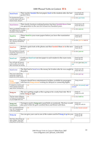 1000 Phrasal Verbs in Context H h                                  (1/4)

                   Their teacher handed the test papers back to the students after she had         hand back sth
hand back                                                                                          hand sth back
                   graded them.
If a businessman gives        ✍                                                               see also: give back
you his name card, don’t
hand it back. Keep it.

                   Their family furniture-making business has been handed down from                hand down sth
hand down                                                                                          hand sth down
                   one generation to the next for at least two hundred years.
Their grandfather handed      ✍                                                               see also: pass on
his skills down to younger
members of the family.

                   Please hand in your exam papers before you leave the examination                hand in sth
hand in                                                                                            hand sth in
                   room.
Bill said he’s quitting and   ✍                                                               see also: give in, turn in
he’s already handed his
notice in.

                   He had a quick look at the photos and then handed them on to the next           hand on sth
hand on                                                                                            hand sth on
                   person.
Do you think we should        ✍                                                               see also: pass on
hand this information on
to the police?

                   Could you hand out one test paper to each student in the exam room,             hand out sth
hand out                                                                                           hand sth out
                   please?
Sue will take the guests’     ✍                                                               see also: give out, pass
coats as they arrive and                                                                     out
Ben will hand out drinks.

                   The thief had to hand over the money he’d stolen after he was caught by         hand over sth
hand over                                                                                          hand sth over
                   the police.
The court ordered the         ✍                                                               see also: give up
bankrupt company to
hand over all its assets.

                   Airports should have entertainment facilities available for passengers          hang around
hang
around (inf)       who have to hang around waiting for delayed or connecting flights.
I visited my doctor and       ✍                                                               see also: sit around, wait
had to hang around for                                                                       around
ages before seeing him.

                   The sea is getting rough so this is going to be a rocky boat ride. We’d         hang on
hang on                                                                                            hang on to sth
                   better hang on tight.
The bus stops suddenly,       ✍                                                               see also: hold on
so hang on to something
or you might fall over.

                   Teenagers used to hang out in pool halls on weekends. The boys would            hang out
hang out                                                                                           hang out with sb
(informal)         play pool while the girls watched them and flirted with them.
Joe’s worried about his       ✍                                                               see also: knock around
son. He’s hanging out
with street gangs.

                   You can give your coat to one of the waiters and he’ll hang it up for you.      hang sth up
hang up                                                                                            hang up sth

Our boys don’t hang up        ✍                                                              
their clothes. They just
drop them on the floor.




                                   1000 Phrasal Verbs In Context © Matt Errey 2007                                    61
                                     www.teflgames.com/phrasal_verbs.html
 