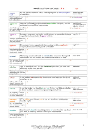 1000 Phrasal Verbs in Context A a                                 (2/3)

                   My son got into trouble at school for being impolite by answering back         answer back to sb
answer                                                                                            answer sb back
back               to his teacher.
One of our players was         ✍                                                              see also: talk back
sent off for answering
back to the referee.

                   After the earthquake, the government appealed for emergency aid and           appeal for sth
appeal for
                   assistance from neighbouring countries.                                       appeal for sth from sb
                                                                                                 appeal to sb for sth
After she disappeared, the     ✍                                                              see also: ask for
girl’s family appealed to
the public for help.

                   Teenagers are a major market for mobile phones, so we need to design a         appeal to sb
appeal to
                   range of cool phones that will appeal to them.
The small apartments will      ✍                                                             
appeal to single people
more than families.

                   The company’s new regulation to ban smoking in offices applies to              apply to sb
apply to
                   everyone, from cleaners and guards to the CEO.
Some young people from         ✍                                                             
rich families think the law
doesn’t apply to them.

                   After doing research into diet, he arrived at the conclusion that a good       arrive at sth
arrive at
                   diet included fish and seafood but didn’t include animals or birds.
They arrived at the retail     ✍                                                             
price by considering all
their production costs.

                   I got an email from Elisa and she asked after you. I said you were fine        ask after sb
ask after
                   and doing well in your new job.
Whenever I meet James,         ✍                                                             
he asks after you and I tell
him you’re fine.

                   If you get lost, ask someone for directions to your hotel and they’ll tell     ask for sth
ask for
                   you where to go.                                                               ask sb for sth

I tell my staff not to be      ✍                                                             
afraid of asking for help
or advice if they need it.

                   If you like Mirka, you should ask her out. Tell her you’d like to take her     ask sb out
ask out                                                                                           ask sb out for sth
                   to dinner and then see a movie or go dancing or whatever.
Do you think it’s strange      ✍                                                              see also: invite out
for a girl to ask a guy out
for dinner or for a date?

                   We’re asking some friends over to our new apartment for dinner on              ask sb over
ask over /                                                                                        ask sb around
around             Saturday night.
Let’s ask a few people         ✍                                                              see also: invite over /
from work around to play                                                                     around
cards on Sunday.

                   You shouldn’t attach too much importance to what the critics say about         attach sth to sth
attach to
                   your book. What really matters is what your readers think.
I think our boss attaches      ✍                                                             
too much significance to
how someone looks.




                                   1000 Phrasal Verbs In Context © Matt Errey 2007                                     7
                                     www.teflgames.com/phrasal_verbs.html
 
