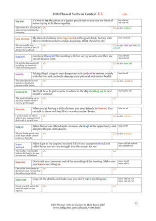 1000 Phrasal Verbs in Context L l                                   (2/8)

                  It’s best to lay the pieces of a jigsaw puzzle out so you can see them all       lay sth out
lay out                                                                                            lay out sth
                  before trying to fit them together.
The owner has laid out his   ✍                                                                see also: set out
plans for developing the
company.

                  My idea of a holiday is lazing around with a good book, but my wife              laze around
laze around
                  likes to climb mountains and go kayaking. What should we do?
My son would laze            ✍                                                                see also: chill out (inf), sit
around in front of the TV                                                                    around
all day if we let him.

                  Juanita will lead off the meeting with her survey results, and then we           lead off sth
lead off                                                                                           lead sth off
                  can all discuss them.
He led the discussion off    ✍                                                                see also: start off
by telling us about his
latest marketing ideas.

                  Taking illegal drugs is very dangerous as it can lead to serious trouble         lead to sth
lead to
                  with the law and can badly damage your physical and mental health.
The latest products will     ✍                                                                see also: result in
lead to even greater
success in the future.

                  We’ll all have to put in some overtime in the days leading up to next            lead up to sth
lead up to
                  month’s seminar.
The weeks leading up to      ✍                                                                 
my final exams weren’t
easy to get through.

                  When you’re having a difficult time, you need friends to lean on. You            lean on sb
lean on
                  can talk to them and they’ll try to make you feel better.
I used to lean on others     ✍                                                                see also: rely on
when I was stressed, but I
deal with it myself now.

                  When Maria was offered a job overseas, she leapt at the opportunity and          leap at sth
leap at
                  accepted the job immediately.
My son loves sports cars,    ✍                                                                see also: jump at
so he leapt at the chance
to drive a Porsche.

                  When I got to the airport I realised I’d left my passport behind, so I           leave sth/sb behind
leave                                                                                              (be) left behind
behind            called home and my son brought it to the airport for me.
The teacher counted the      ✍                                                               
kids on the bus to be sure
no-one was left behind.

                  Don’t edit any comments out of the recording of the meeting. Make sure           leave in sth
leave in                                                                                           leave sth in
                  you leave everything in.
One of the love scenes in    ✍                                                               
the movie was cut out, but
the others were left in.

                  Copy all the details and make sure you don’t leave anything out.                 leave sth/sb out
leave out                                                                                          leave out sth/sb

David was left out of the    ✍                                                               
team because he was
injured.




                                  1000 Phrasal Verbs In Context © Matt Errey 2007                                     77
                                    www.teflgames.com/phrasal_verbs.html
 