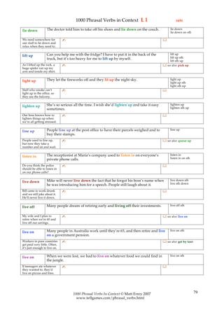 1000 Phrasal Verbs in Context L l                                 (4/8)

                    The doctor told him to take off his shoes and lie down on the couch.           lie down
lie down                                                                                           lie down on sth

We need somewhere for          ✍                                                              
our staff to lie down and
relax when they need to.

                    Can you help me with the fridge? I have to put it in the back of the          lift up
lift up                                                                                           lift up sth
                    truck, but it’s too heavy for me to lift up by myself.
                                                                                                  lift sth up
As I lifted up the rock, a     ✍                                                               see also: pick up
huge spider ran up my
arm and inside my shirt.

                    They let the fireworks off and they lit up the night sky.                      light up
light up                                                                                           light up sth
                                                                                                   light sth up
Staff who smoke can’t          ✍                                                              
light up in the office, so
they use the balcony.

                    She’s so serious all the time. I wish she’d lighten up and take it easy        lighten up
lighten up                                                                                         lighten sth up
                    sometimes.
Our boss knows how to          ✍                                                              
lighten things up when
we’re all getting stressed.

                    People line up at the post office to have their parcels weighed and to         line up
line up
                    buy their stamps.
People used to line up,        ✍                                                               see also: queue up
but now they take a
number and sit and wait.

                    The receptionist at Maria’s company used to listen in on everyone’s            listen in
listen in                                                                                          listen in on sth
                    private phone calls.
Do you think the police        ✍                                                              
should be able to listen in
on our phone calls?

                    Mike will never live down the fact that he forgot his boss’s name when         live down sth
live down                                                                                          live sth down
                    he was introducing him for a speech. People still laugh about it.
Bill came to work drunk        ✍                                                              
and we still joke about it.
He’ll never live it down.

                    Many people dream of retiring early and living off their investments.          live off sth
live off

My wife and I plan to          ✍                                                               see also: live on
retire when we’re 60 and
live off our savings.

                    Many people in Australia work until they’re 65, and then retire and live       live on sth
live on
                    on a government pension.
Workers in poor countries      ✍                                                               see also: get by (on)
get paid very little. Often,
it’s just enough to live on.

                    When we were lost, we had to live on whatever food we could find in            live on sth
live on
                    the jungle.
If teenagers ate whatever      ✍                                                              
they wanted to, they’d
live on pizzas and fries.




                                    1000 Phrasal Verbs In Context © Matt Errey 2007                                     79
                                      www.teflgames.com/phrasal_verbs.html
 