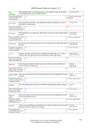 1000 Phrasal Verbs in Context L l                                 (5/8)

                   My grandparents lived through some very difficult times, such as the            live through sth
live
through            Great Depression and two World Wars.
Living through difficult      ✍                                                               see also: come through,
times can make you a                                                                         go through
stronger person.

                   He wanted his son to be a top student, but the boy failed to live up to         live up to sth
live up to
                   his father’s expectations.
She came with a good          ✍                                                              
reputation and she’s lived
up to it. Her work’s great.

                   We should liven up the party. Why don’t you put on some funky dance             liven up sth
liven up                                                                                           liven sth up
                   music?
Don’t you think we could      ✍                                                               see also: brighten up
liven the show up? It’s
seems a bit dull to me.

                   If you lock away the documents in a safe deposit box at the bank, they’ll       lock away sth
lock away                                                                                          lock sth away
                   be safe.
We advise our guests to       ✍                                                               see also: put away
lock their valuables away
in their room safe.

                   I forgot to make sure the cat was outside and ended up locking her in           lock sb/sth in
lock in                                                                                            lock sb/sth in sth
                   all day. She was glad to get out of the house when I got home.
On no! I’ve locked my         ✍                                                              
keys in the house and I
don’t have another set.

                   Don’t forget to lock the office up if you’re the last to leave. Whoever         lock up
lock up                                                                                            lock sth up
                   leaves last always locks up.
                                                                                                   lock up sth
I can’t believe I left my     ✍                                                              
laptop in the car and then
forgot to lock up the car.

                   He can’t send emails at the moment because he can’t log into his email          log in
log in / into                                                                                      log into sth
                   account.
Use the new password          ✍                                                               see also: log on /onto
whenever you log into the
company network.

                   You should log off when you’ve finished checking the online accounts.           log off
log off

Don’t forget to log off so    ✍                                                               see also: log out
the server can keep
accurate user records.

                   Julie can’t log on at the moment. Her account’s been suspended so she           log on
log on /                                                                                           log onto sth
onto               can’t log onto the server.
If you have trouble           ✍                                                               see also: log in / into
logging on, let Joe know
and he’ll sort it out.

                   After you’ve finished, you should log out of the database so our security       log out
log out                                                                                            log out of sth
                   people will know what you’re doing.
After logging out, I          ✍                                                               see also: log off
disconnected and put the
computer to sleep.




                                   1000 Phrasal Verbs In Context © Matt Errey 2007                                    80
                                     www.teflgames.com/phrasal_verbs.html
 