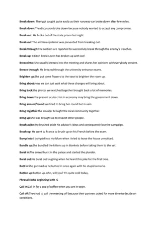 Break down: They got caught quite easily as their runaway car broke down after few miles.

Break down:The discussion broke down because nobody wanted to accept any compromise.

Break out: He broke out of the state prison last night.

Break out:The anthrax epidemic was prevented from breaking out.

Break through:The soldiers are reported to successfully break through the enemy's trenches.

Break up: I didn't know Leven has broken up with Joe!

Breezeinto: She usually breezes into the meeting and shares her opinions witheverybody present.

Breeze through: He breezed through the university entrance exams.

Brighten up:She put some flowers to the vase to brighten the room up.

Bring about:now we can just wait what these changes will bring about.

Bring back:the photos we watched together brought back a lot of memories.

Bring down:the present acute crisis in economy may bring the government down.

Bring around/round:we tried to bring her round but in vain.

Bring together:the disaster brought the local community together.

Bring up:she was brought up to respect other people.

Brush aside: He brushed aside his advisor's ideas and consequently lost the campaign.

Brush up: He went to France to brush up on his French before the exam.

Bump into:I bumped into my Mum when I tried to leave the house unnoticed.

Bundle up:She bundled the kittens up in blankets before taking them to the vet.

Burst in:The crowd burst in the palace and started the plunder.

Burst out:He burst out laughing when he heard this joke for the first time.

Butt in:She got mad as he butted in once again with his stupid remarks.

Button up:Button up John, will you? It's quite cold today.

Phrasal verbs beginning with C

Call in:Call in for a cup of coffee when you are in town.

Call off:They had to call the meeting off because their partners asked for more time to decide on
conditions.
 