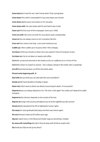 Come back:don’t wait for me; I don't know when I'll be coming back.

Come down:This shelf is overloaded! It may come down any minute!

Come down on:the press came down on his new play.

Come down with: He came down with flu and had to stay in bed.

Come out:The first issue of this newspaper came out in 1956.

Come out with: She came out with her accusations quite unexpectedly.

Count on:You can always count on Jim in situation like this.

Cross out:Your essay is too long - cross some sentences out.

Cuddle up:I often cuddle up to my pony when I feel unhappy.

Cut down:I think you should cut down hours you spend in front of computer screen.

Cut down on:I try to cut down on sweets and coffee.

Cut in:He cursed and slammed on the brakes as the car suddenly cut in in front of him.

Cut in:She shows no respect to anyone - she is always cutting in! No matter who is speaking?

Cut off:Electricity has been cut off for the whole week.

Phrasal verbs beginning with D

Deal with:Do you think you can deal with this sort of problem?

Decide on:We have decided on holiday in Spain.

Delve into:I don't want to delve into details concerning his death. It's too painful.

Depend on:you can always depend on me. The tram is late again! You really can't depend on public
transport.

Depend on:Our decision depends on the results of the test.

Deprive of:Living in the country will deprive you of all the nightlife you like somuch.

Devote to:She devoted all her life to fighting for human rights.

Die away:her voice gradually died away and there was silence again.

Die out:Dinosaurs died out 65 million years ago.

Dig out:I spent hours in the library but finally I dug out everything I needed.

Do away with something:why don't they do away with all these stupid rules!

Do:Could you help me do up my dress?
 