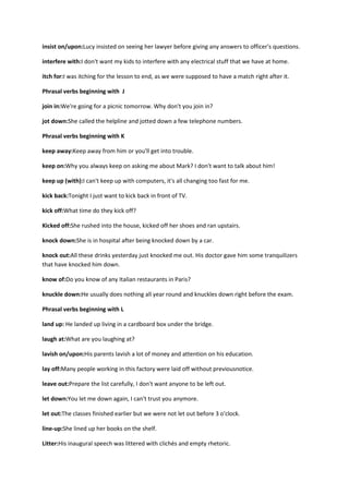 insist on/upon:Lucy insisted on seeing her lawyer before giving any answers to officer's questions.

interfere with:I don't want my kids to interfere with any electrical stuff that we have at home.

itch for:I was itching for the lesson to end, as we were supposed to have a match right after it.

Phrasal verbs beginning with J

join in:We're going for a picnic tomorrow. Why don't you join in?

jot down:She called the helpline and jotted down a few telephone numbers.

Phrasal verbs beginning with K

keep away:Keep away from him or you'll get into trouble.

keep on:Why you always keep on asking me about Mark? I don't want to talk about him!

keep up (with):I can't keep up with computers, it's all changing too fast for me.

kick back:Tonight I just want to kick back in front of TV.

kick off:What time do they kick off?

Kicked off:She rushed into the house, kicked off her shoes and ran upstairs.

knock down:She is in hospital after being knocked down by a car.

knock out:All these drinks yesterday just knocked me out. His doctor gave him some tranquilizers
that have knocked him down.

know of:Do you know of any Italian restaurants in Paris?

knuckle down:He usually does nothing all year round and knuckles down right before the exam.

Phrasal verbs beginning with L

land up: He landed up living in a cardboard box under the bridge.

laugh at:What are you laughing at?

lavish on/upon:His parents lavish a lot of money and attention on his education.

lay off:Many people working in this factory were laid off without previousnotice.

leave out:Prepare the list carefully, I don't want anyone to be left out.

let down:You let me down again, I can't trust you anymore.

let out:The classes finished earlier but we were not let out before 3 o'clock.

line-up:She lined up her books on the shelf.

Litter:His inaugural speech was littered with clichés and empty rhetoric.
 