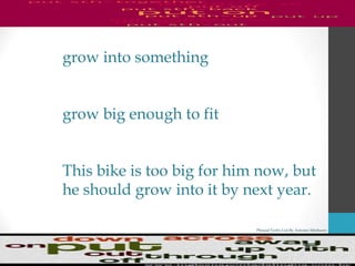 Phrasal Verbs List By Antonio Minharro
grow into something
grow big enough to fit
This bike is too big for him now, but
he should grow into it by next year.
 