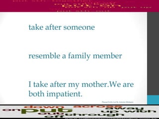 Phrasal Verbs List By Antonio Minharro
take after someone
resemble a family member
I take after my mother.We are
both impatient.
 