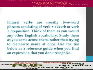 Phrasal verbs are usually two-word
phrases consisting of verb + adverb or verb
+ preposition. Think of them as you would
any other English vocabulary. Study them
as you come across them, rather than trying
to memorize many at once. Use the list
below as a reference guide when you find
an expression that you don't recognize.
 