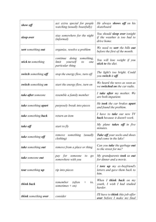 show off
act extra special for people
watching (usually boastfully)
He always shows off on his
skateboard
sleep over
stay somewhere for the night
(informal)
You should sleep over tonight
if the weather is too bad to
drive home.
sort something out organize, resolve a problem
We need to sort the bills out
before the first of the month.
stick to something
continue doing something,
limit yourself to one
particular thing
You will lose weight if you
stick to the diet.
switch something off stop the energy flow, turn off
The light's too bright. Could
you switch it off.
switch something on start the energy flow, turn on
We heard the news as soon as
we switched on the car radio.
take after someone resemble a family member
I take after my mother. We
are both impatient.
take something apart purposely break into pieces
He took the car brakes apart
and found the problem.
take something back return an item
I have to take our new TV
back because it doesn't work.
take off start to fly
My plane takes off in five
minutes.
take something off
remove something (usually
clothing)
Take off your socks and shoes
and come in the lake!
take something out remove from a place or thing
Can you take the garbage out
to the street for me?
take someone out
pay for someone to go
somewhere with you
My grandparents took us out
for dinner and a movie.
tear something up rip into pieces
I tore up my ex-boyfriend's
letters and gave them back to
him.
think back
remember (often + to,
sometimes + on)
When I think back on my
youth, I wish I had studied
harder.
think something over consider
I'll have to think this job offer
over before I make my final
 