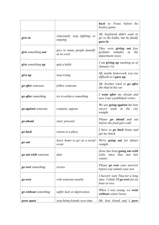 back to Franz before his
hockey game.
give in
reluctantly stop fighting or
arguing
My boyfriend didn't want to
go to the ballet, but he finally
gave in.
give something out
give to many people (usually
at no cost)
They were giving out free
perfume samples at the
department store.
give something up quit a habit
I am giving up smoking as of
January 1st.
give up stop trying
My maths homework was too
difficult so I gave up.
go after someone follow someone
My brother tried to go after
the thief in his car.
go after something try to achieve something
I went after my dream and
now I am a published writer.
go against someone compete, oppose
We are going against the best
soccer team in the city
tonight.
go ahead start, proceed
Please go ahead and eat
before the food gets cold.
go back return to a place
I have to go back home and
get my lunch.
go out
leave home to go on a social
event
We're going out for dinner
tonight.
go out with someone date
Jesse has been going out with
Luke since they met last
winter.
go over something review
Please go over your answers
before you submit your test.
go over visit someone nearby
I haven't seen Tina for a long
time. I think I'll go over for an
hour or two.
go without something suffer lack or deprivation
When I was young, we went
without winter boots.
grow apart stop being friends over time My best friend and I grew
 