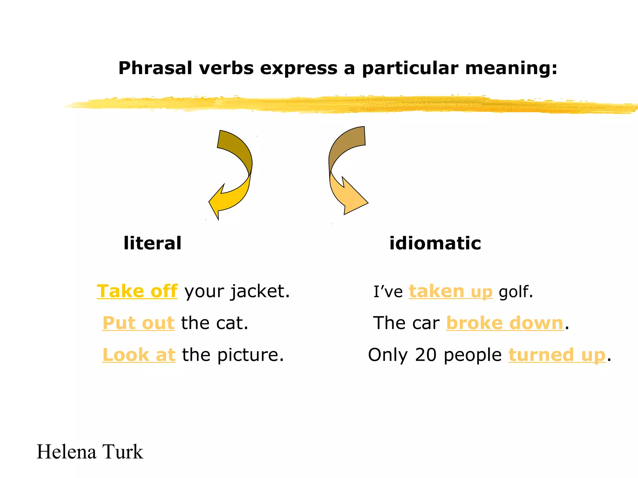 Phrasal verbs express a particular meaning: 
literal idiomatic 
Take off your jacket. I’ve taken up golf. 
Put out the cat. 
Look at the picture. 
Helena Turk 
The car broke down. 
Only 20 people turned up. 
 