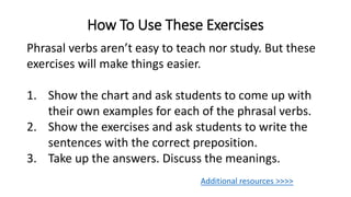 How To Use These Exercises
Phrasal verbs aren’t easy to teach nor study. But these
exercises will make things easier.
1. S...