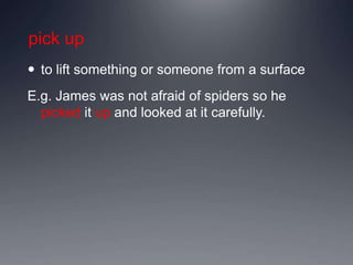 pick up
 to lift something or someone from a surface
E.g. James was not afraid of spiders so he
picked it up and looked at it carefully.
 