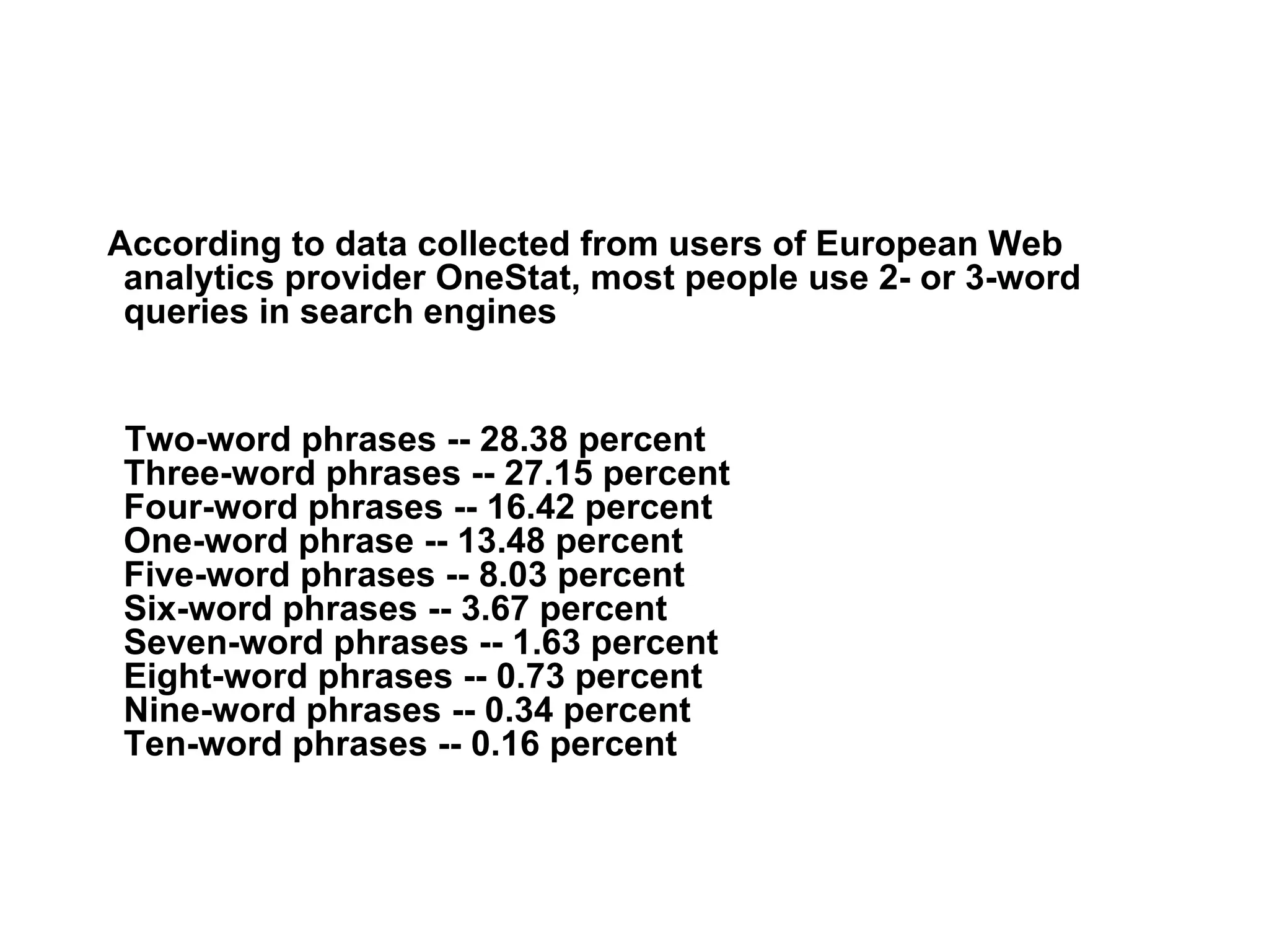 According to data collected from users of European Web analytics provider OneStat, most people use 2- or 3-word queries in search engines  Two-word phrases -- 28.38 percent  Three-word phrases -- 27.15 percent  Four-word phrases -- 16.42 percent  One-word phrase -- 13.48 percent  Five-word phrases -- 8.03 percent  Six-word phrases -- 3.67 percent  Seven-word phrases -- 1.63 percent  Eight-word phrases -- 0.73 percent  Nine-word phrases -- 0.34 percent  Ten-word phrases -- 0.16 percent  