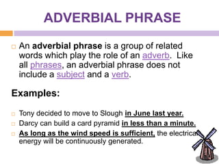 ADVERBIAL PHRASE
   An adverbial phrase is a group of related
    words which play the role of an adverb. Like
    all phrases, an adverbial phrase does not
    include a subject and a verb.

Examples:
   Tony decided to move to Slough in June last year.
   Darcy can build a card pyramid in less than a minute.
   As long as the wind speed is sufficient, the electrical
    energy will be continuously generated.
 