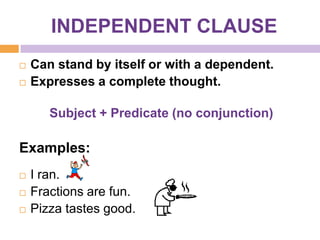 INDEPENDENT CLAUSE
   Can stand by itself or with a dependent.
   Expresses a complete thought.

       Subject + Predicate (no conjunction)

Examples:
   I ran.
   Fractions are fun.
   Pizza tastes good.
 