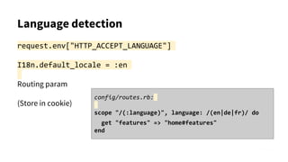 Language detection
request.env["HTTP_ACCEPT_LANGUAGE"]
I18n.default_locale = :en
Routing param
(Store in cookie)
config/routes.rb:
scope "/(:language)", language: /(en|de|fr)/ do
get "features" => "home#features"
end
 
