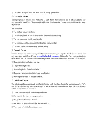 5) The book, Wings of fire, has been read by many generations.
IX. Participle Phrase
Participle phrases consist of a participle (a verb form that functions as an adjective) and any
accompanying modifiers. They provide additional details or describe the characteristics of a noun
or pronoun.
For examples,
1) The broken window is here.
2) The smiling child, or the excited crowd don’t look at anything.
3) The cat, meowing loudly, needs milk.
4) The woman, cooking dinner in the kitchen, is my mother.
5) The boy, crying uncontrollably, needed a hug.
X. Gerund Phrase
Gerund phrases are formed by a gerund (a verb form ending in -ing that functions as a noun) and
any associated modifiers. We use gerund in English grammar differently. They represent actions
or activities and can function as subjects, objects, or complements within a sentence. For examples,
1) Dancing in the rain brings me joy.
2) I enjoy reading books.
3) Swimming is her favorite activity.
4) Running every morning helps keep him healthy.
5) Painting landscapes is a hobby of hers.
XI. Infinitive Phrase
The infinitive phrases are made up of an infinitive verb (the base form of a verb preceded by "to")
and any accompanying modifiers or objects. These can function as nouns, adjectives, or adverbs
within a sentence. For examples,
1) To eat a healthy meal, improves your health.
2) She went to the store to buy groceries.
3) His goal is to become a doctor.
4) She wants to something special for her family.
5) They plan to build a house next year.
 