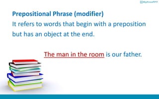 Prepositional Phrase (modifier)
It refers to words that begin with a preposition
but has an object at the end.
The man in the room is our father.
 