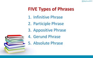 FIVE Types of Phrases
1. Infinitive Phrase
2. Participle Phrase
3. Appositive Phrase
4. Gerund Phrase
5. Absolute Phrase
 