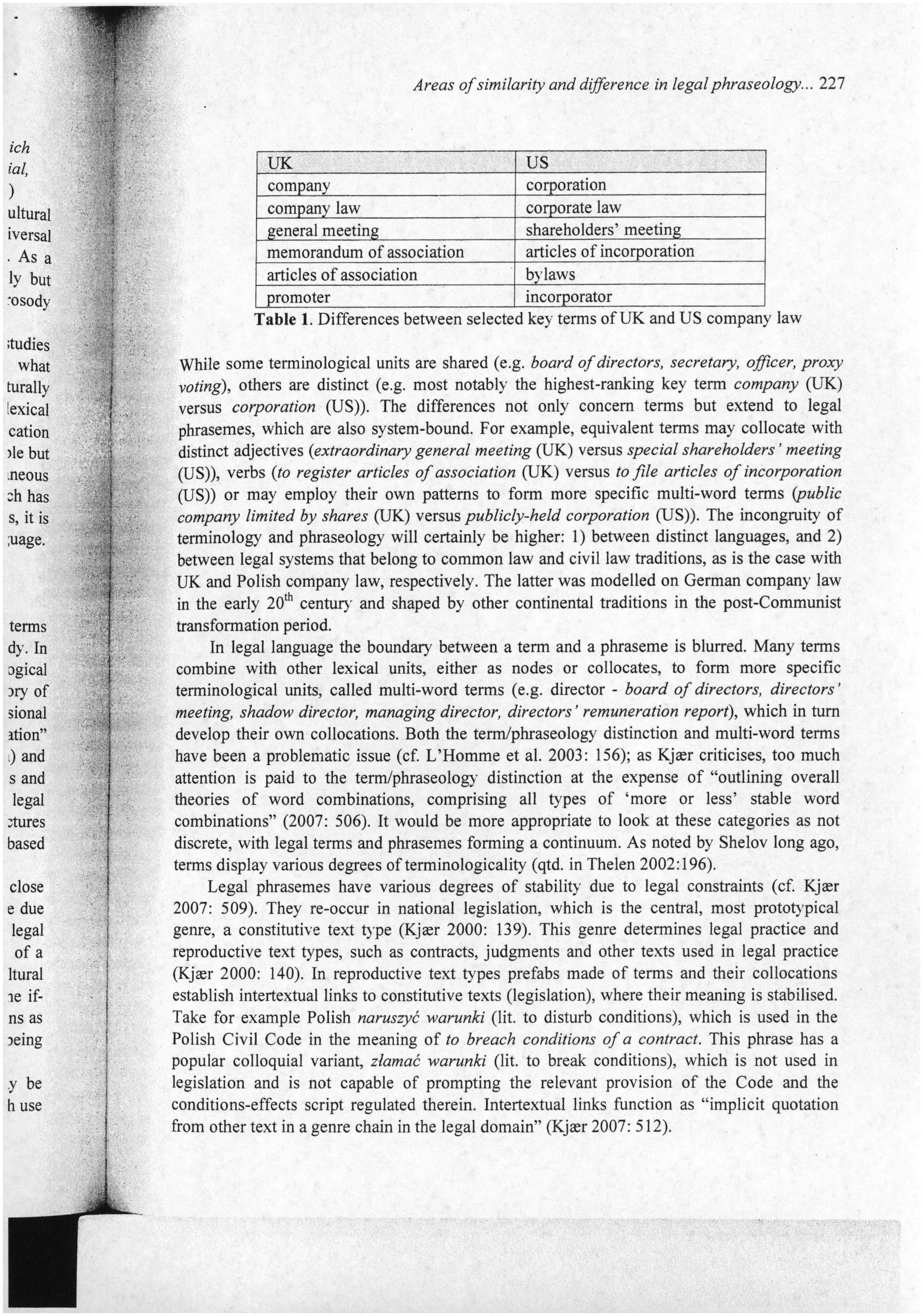 Areas of similarity and difference in legal phraseology: collocations of key terms in UK and Polish company law