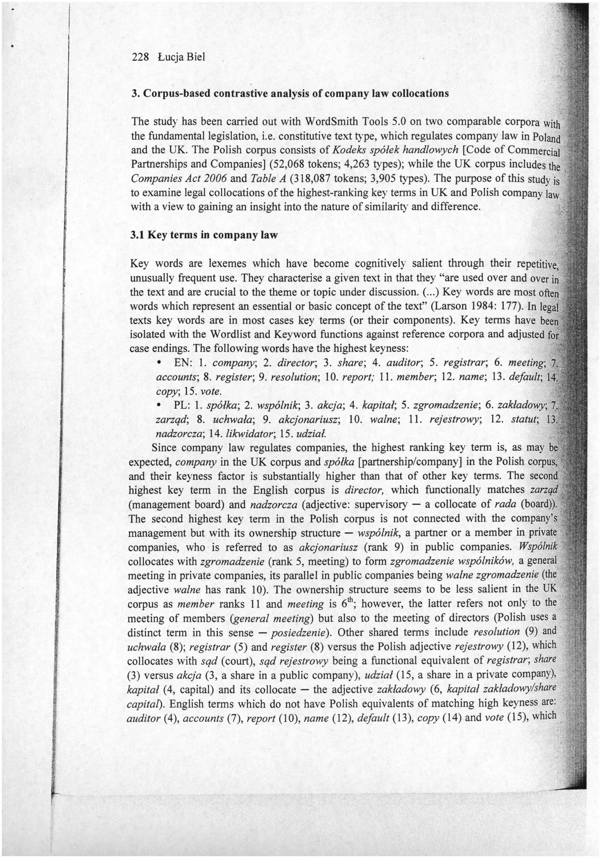 Areas of similarity and difference in legal phraseology: collocations of key terms in UK and Polish company law
