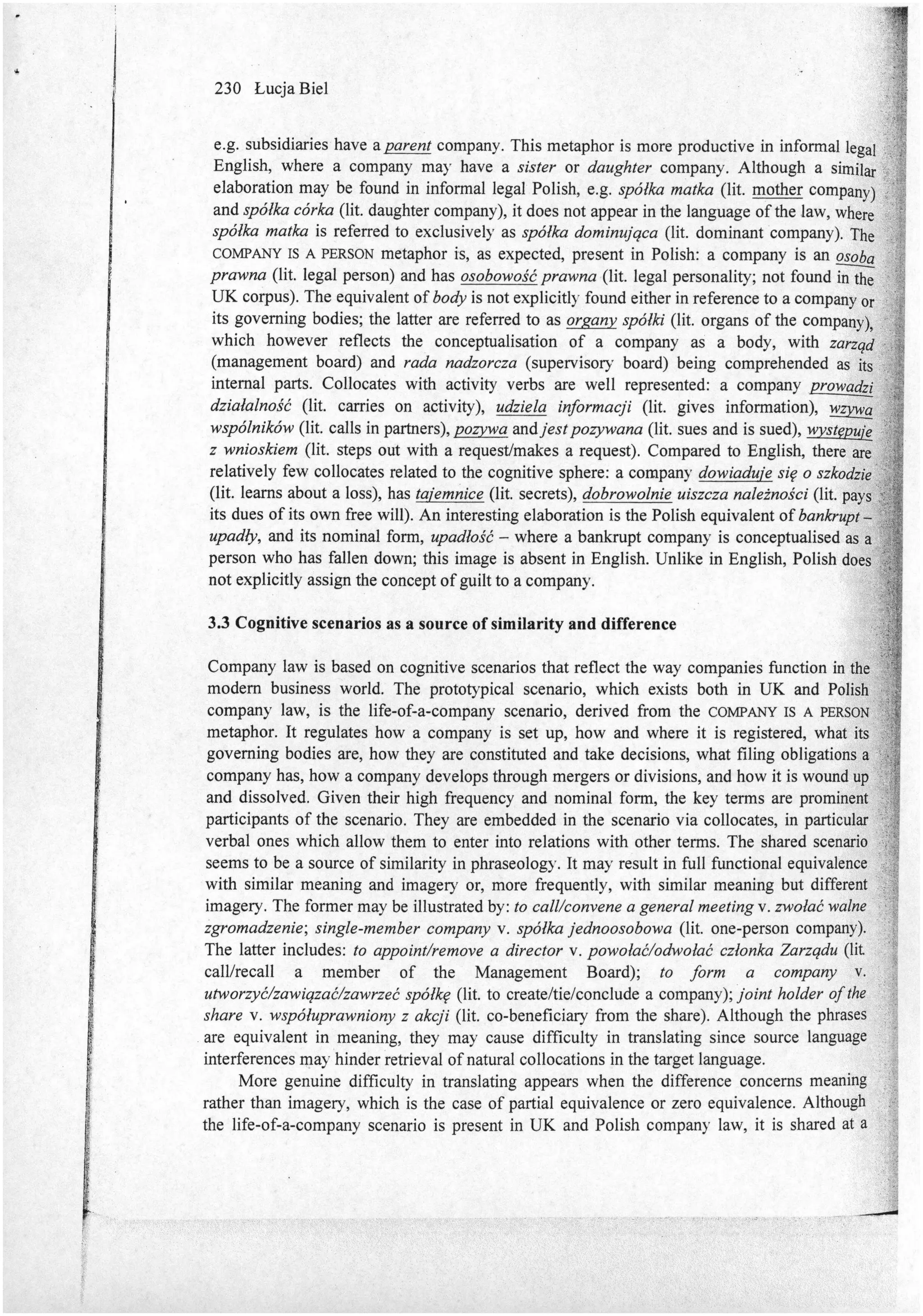 Areas of similarity and difference in legal phraseology: collocations of key terms in UK and Polish company law