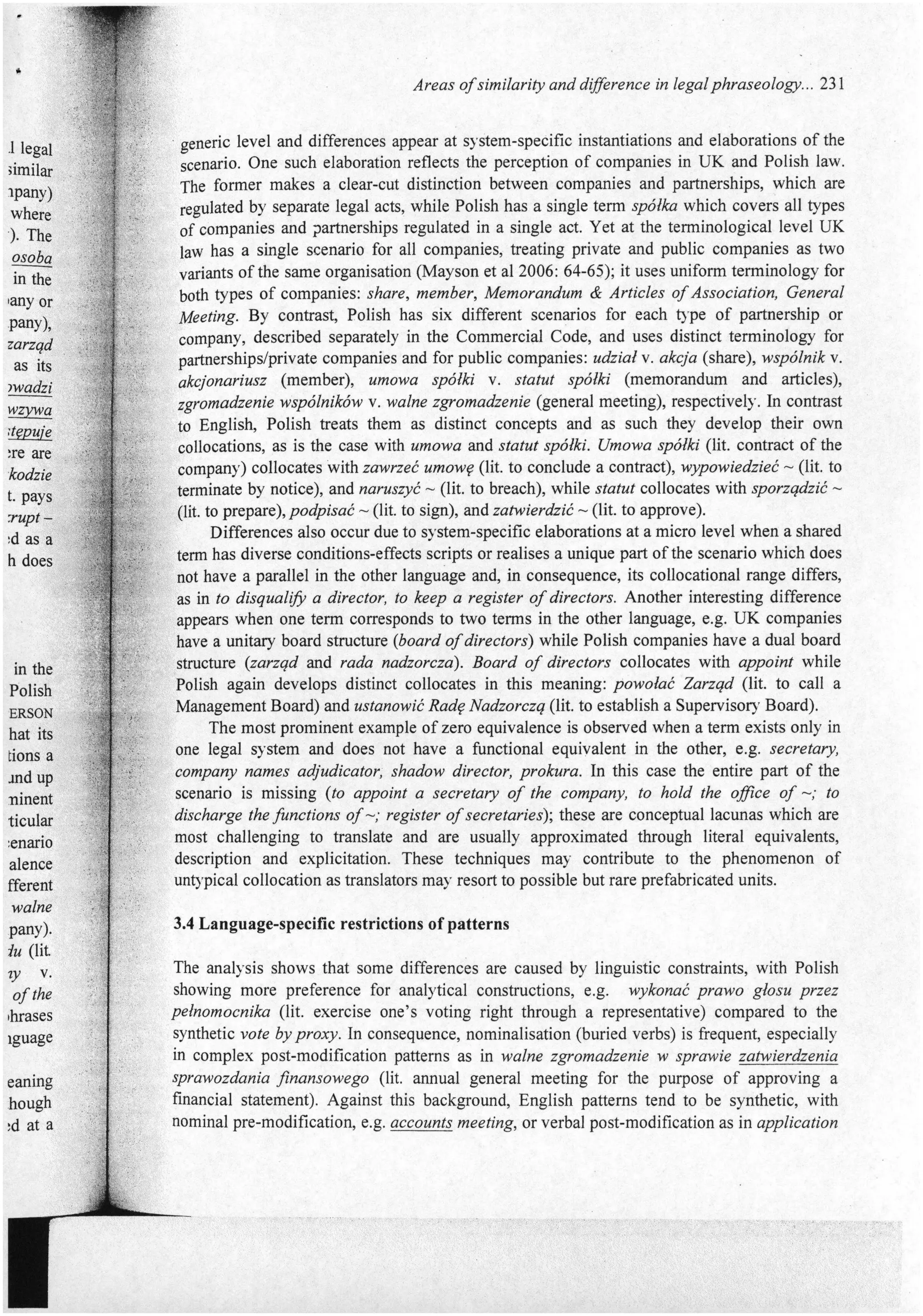 Areas of similarity and difference in legal phraseology: collocations of key terms in UK and Polish company law