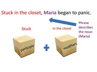 Stuck in the closet, Maria began to panic.
Stuck
in the closet
Phrase
describes
the noun
(Maria)