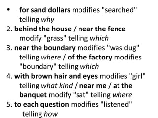 for sand dollars  modifies "searched" telling  why   2.  behind the house  /  near the fence  modify "grass" telling  which 3.  near the boundary  modifies "was dug" telling  where  /  of the factory  modifies "boundary" telling  which   4.  with brown hair and eyes  modifies "girl" telling  what kind  /  near me  /  at the banquet  modify "sat" telling  where 5.  to each question  modifies "listened"  telling  how 