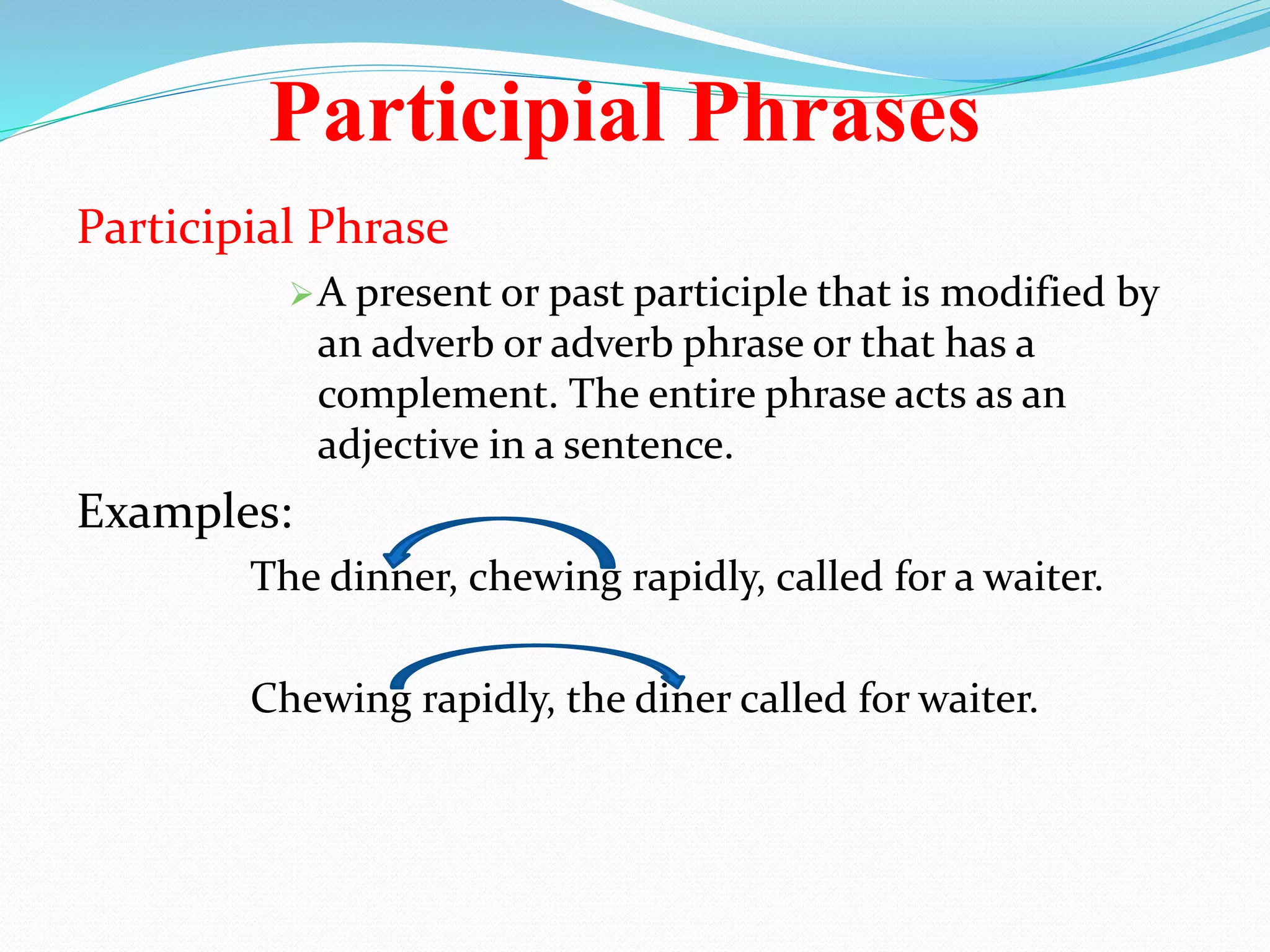 Participial Phrases 
Participial Phrase 
A present or past participle that is modified by 
an adverb or adverb phrase or that has a 
complement. The entire phrase acts as an 
adjective in a sentence. 
Examples: 
The dinner, chewing rapidly, called for a waiter. 
Chewing rapidly, the diner called for waiter. 
 