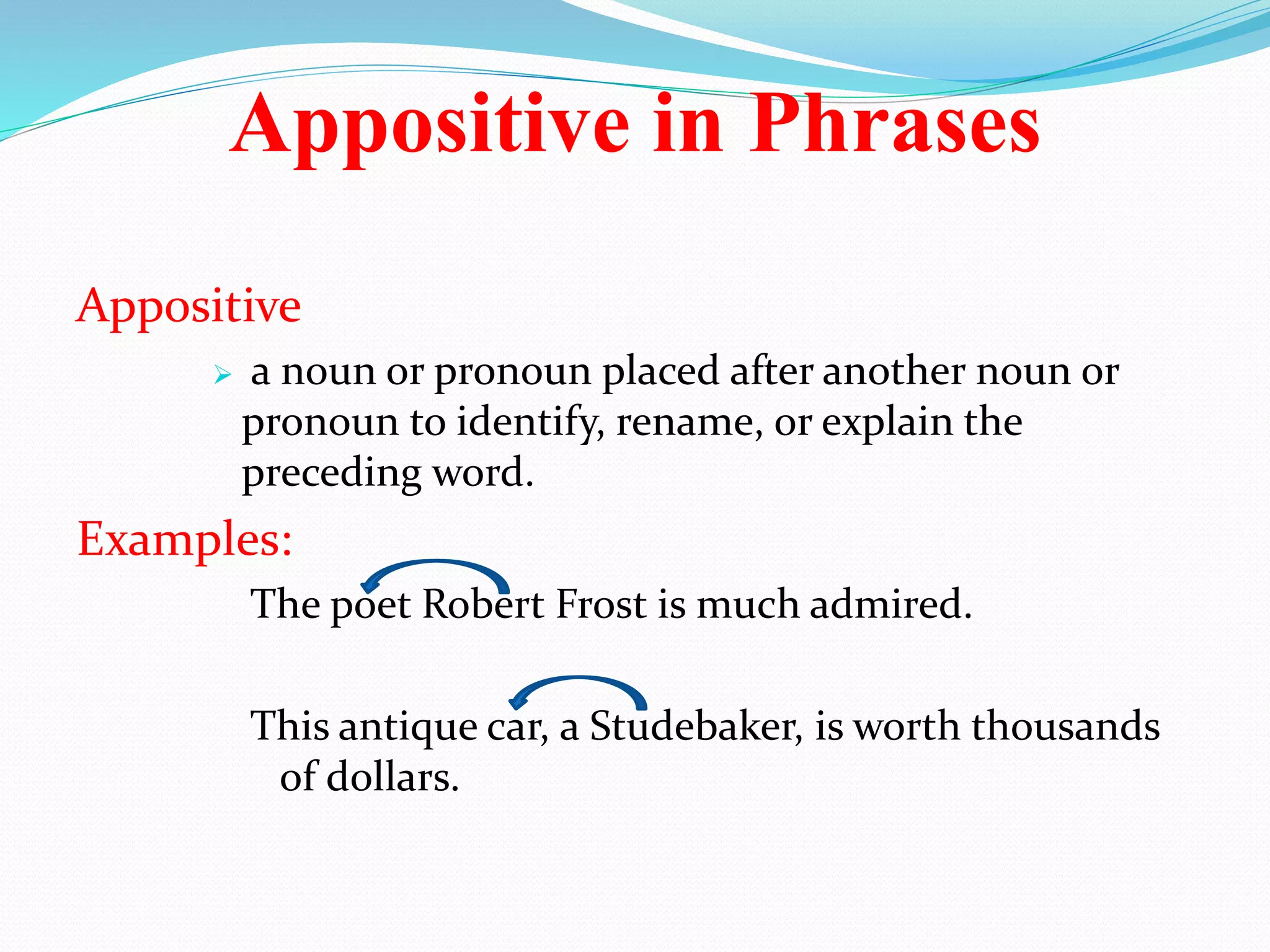 Appositive in Phrases 
Appositive 
 a noun or pronoun placed after another noun or 
pronoun to identify, rename, or explain the 
preceding word. 
Examples: 
The poet Robert Frost is much admired. 
This antique car, a Studebaker, is worth thousands 
of dollars. 
 