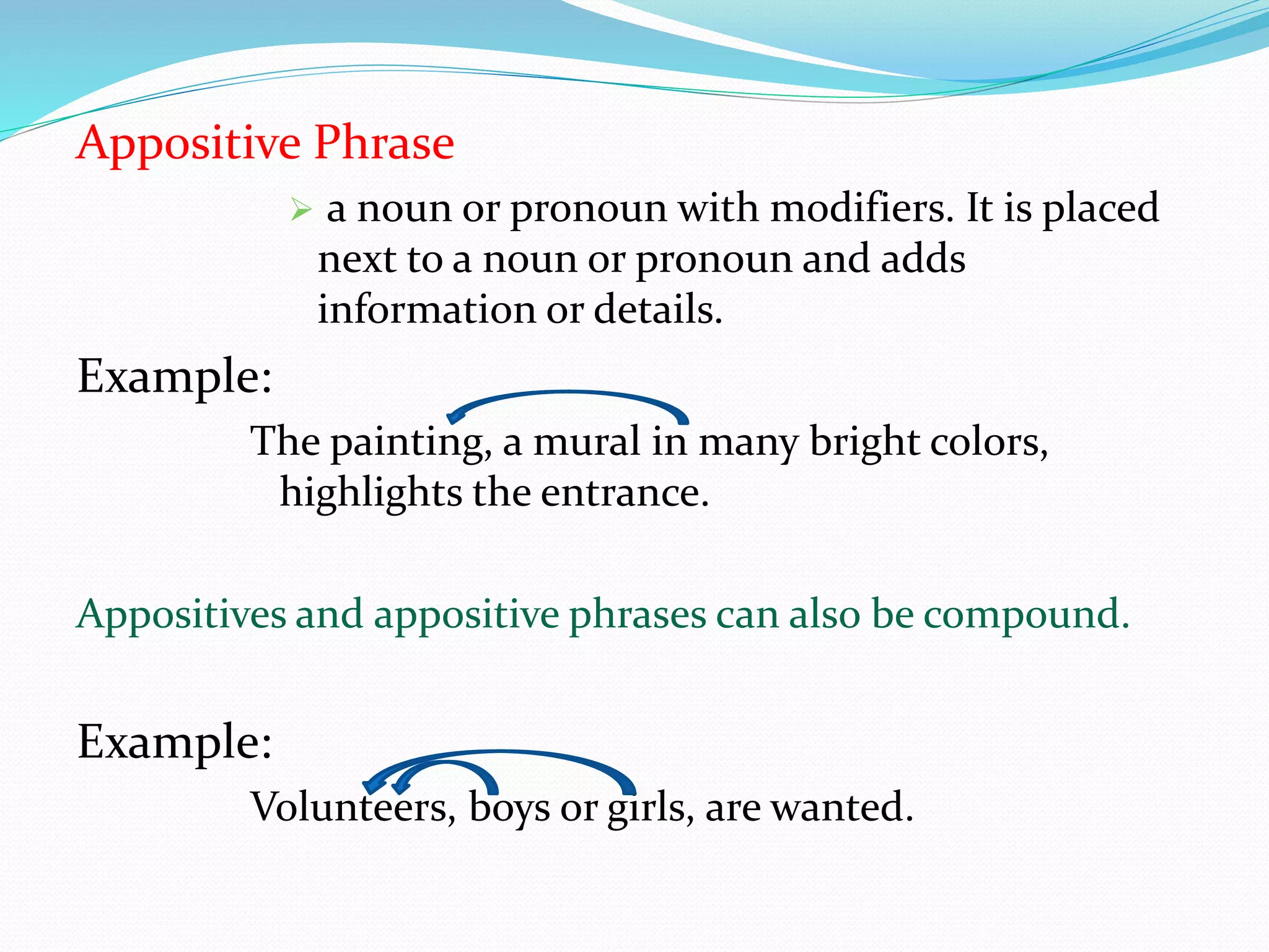 Appositive Phrase 
 a noun or pronoun with modifiers. It is placed 
next to a noun or pronoun and adds 
information or details. 
Example: 
The painting, a mural in many bright colors, 
highlights the entrance. 
Appositives and appositive phrases can also be compound. 
Example: 
Volunteers, boys or girls, are wanted. 
 
