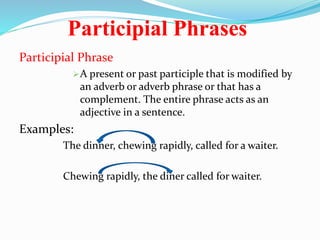Participial Phrases 
Participial Phrase 
A present or past participle that is modified by 
an adverb or adverb phrase or that has a 
complement. The entire phrase acts as an 
adjective in a sentence. 
Examples: 
The dinner, chewing rapidly, called for a waiter. 
Chewing rapidly, the diner called for waiter. 
 