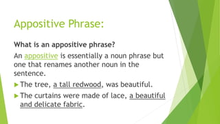Appositive Phrase:
What is an appositive phrase?
An appositive is essentially a noun phrase but
one that renames another noun in the
sentence.
 The tree, a tall redwood, was beautiful.
 The curtains were made of lace, a beautiful
and delicate fabric.
 
