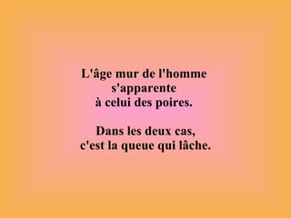 L'âge mur de l'homme  s'apparente  à celui des poires.    Dans les deux cas,  c'est la queue qui lâche. 