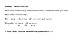 Simple vs. Compound sentences
The evenings have turned very cold just recently, but the afternoons have been quite warm.
Chain and choice relationships
The + evening + s + have + turn + ed + very + cold + just + recently
The weather has been very cold just recently.
it was cold recently.
A typical English sentence is a mixture of simple and complex units.
 