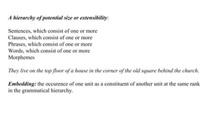 A hierarchy of potential size or extensibility:
Sentences, which consist of one or more
Clauses, which consist of one or more
Phrases, which consist of one or more
Words, which consist of one or more
Morphemes
They live on the top floor of a house in the corner of the old square behind the church.
Embedding: the occurence of one unit as a constituent of another unit at the same rank
in the grammatical hierarchy.
 