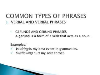 3.   VERBAL AND VERBAL PHRASES

     •   GERUNDS AND GERUND PHRASES
         A gerund is a form of a verb that acts as a noun.

     Examples:
      Vaulting is my best event in gymnastics.
      Swallowing hurt my sore throat.
 