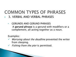    3. VERBAL AND VERBAL PHRASES

    •   GERUNDS AND GERUND PHRASES
         A gerund phrase is a gerund with modifiers or a
        complement, all acting together as a noun.

    Examples:
     Worrying about the deadline prevented the writer
       from sleeping.
     Fishing from the pier is permitted.
 
