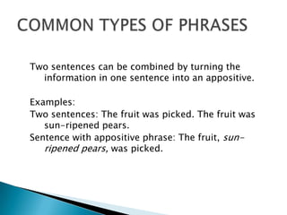 Two sentences can be combined by turning the
  information in one sentence into an appositive.

Examples:
Two sentences: The fruit was picked. The fruit was
   sun-ripened pears.
Sentence with appositive phrase: The fruit, sun-
   ripened pears, was picked.
 