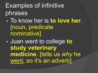 Examples of infinitive
phrases
• To know her is to love her.
  [noun, predicate
  nominative]
• Juan went to college to
  study veterinary
  medicine. [tells us why he
  went, so it's an adverb]
 