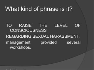 What kind of phrase is it?

TO   RAISE  THE     LEVEL   OF
 CONSCIOUSNESS
REGARDING SEXUAL HARASSMENT,
management   provided    several
 workshops.
 