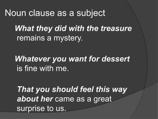 Noun clause as a subject
  What they did with the treasure
  remains a mystery.

  Whatever you want for dessert
  is fine with me.

  That you should feel this way
  about her came as a great
  surprise to us.
 