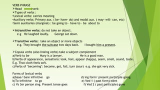 VERB PHRASE
Head verb
Types of verbs :
•Lexical verbs: carries meaning
•Auxiliary verbs: Primary aux. ( be- have- do) and modal aux. ( may- will- can, etc)
•Semi auxiliaries (marginal) : be going to – have to – be about to
Intransitive verbs: do not take an object.
e.g He laughed loudly.  George sat down.
Transitive verbs: take an object or more objects
e.g. They brought the suitcase two days back. I bought him a present.
Copula verbs (also linking verbs) take a subject complement
a)Verb to be Mary is a lawyer. He is a good man.
b)Verbs of appearance, sensations: look, feel, appear (happy), seem, smell, sound, taste.
E.g. That cloth feels soft.
c)Verbs of ‘becoming’: become, get, fall, turn (sour) e.g. she got very sick.
Forms of lexical verbs
a)base/ bare infinitive go d) ing form/ present participle going
b)To infinitive to go e) Ved 1 ( past form) went
c) Vs 3er person sing. Present tense goes f) Ved 2 ( past participle) gone
 