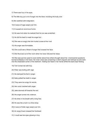 7) There was fury in his eyes.
8) The little boy put a lot of anger into the blow, knocking the bully over.
9) She seethed with indignation.
10) A wave of rage swept over him.
11) It caused an enormous furore.
12) He was livid when he realized that his car was scratched.
13) He did his best to mask his anger but…
14) She was so angry that she hurled curses at her rival.
15) His anger was formidable.
16) One could see a flicker of anger that crossed her face.
17) She flounced out of the room when her boss ridiculed her ideas.
18) She was just too upset to even bother about how others thought about her. Unanswered questions
burned endlessly in her brain; her inner voice was screaming in silent anguish and betrayal as she sank
into the shadowed corner of the restroom, holding her head in her hands whilst the tears kept flowing.
19) Tom turned red with fury.
20) Peter was boiling with rage
21) He stamped his foot in anger.
22) Sally gritted her teeth in anger.
23) They were too angry for words.
24) Her voice crackled with anger.
25) Jake stormed off towards the exit.
26) His anger turned into violence.
27) He drew in his breath with a long hiss.
28) He was like a bull in a china shop.
29) A wave of futile rage swept over him.
30) An angry frown creased her forehead.
31) I could see her eyes glowing in fury.
 