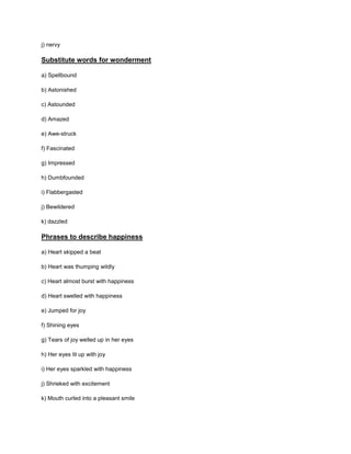 j) nervy
Substitute words for wonderment
a) Spellbound
b) Astonished
c) Astounded
d) Amazed
e) Awe-struck
f) Fascinated
g) Impressed
h) Dumbfounded
i) Flabbergasted
j) Bewildered
k) dazzled
Phrases to describe happiness
a) Heart skipped a beat
b) Heart was thumping wildly
c) Heart almost burst with happiness
d) Heart swelled with happiness
e) Jumped for joy
f) Shining eyes
g) Tears of joy welled up in her eyes
h) Her eyes lit up with joy
i) Her eyes sparkled with happiness
j) Shrieked with excitement
k) Mouth curled into a pleasant smile
 